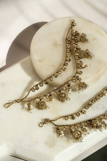 Suhani mehendi gold earring chains with filigree jhumkas and kundan details – pair