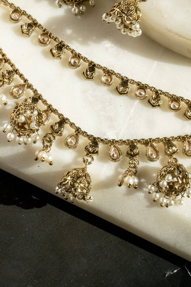 Suhani mehendi gold earring chains with filigree jhumkas and kundan details – pair