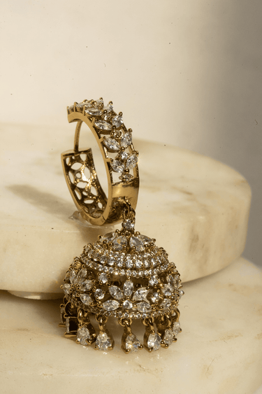 Tarin AD Diamante Jhumka Earrings in gold showcasing detail