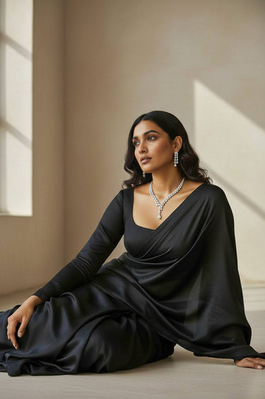 Model wearing Inaury's Brishti rhodium-plated necklace set with white teardrop diamante stones and Bvlgari-inspired openwork detail