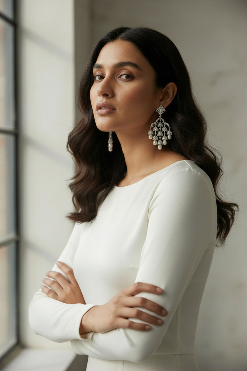Sahara Rhodium Plated Pearl AD Statement Chandelier Earrings