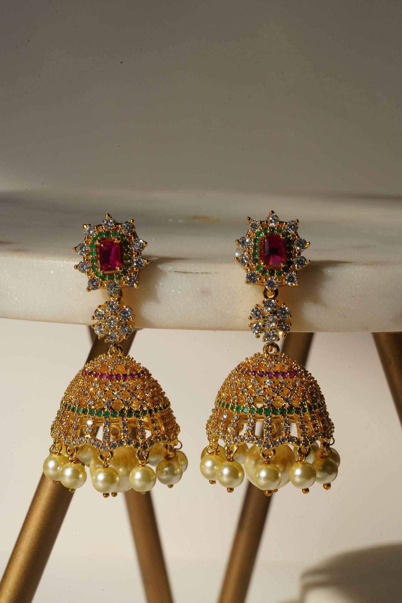 Aadhya - Gold AD Jhumka Earrings Jhumkas from Inaury