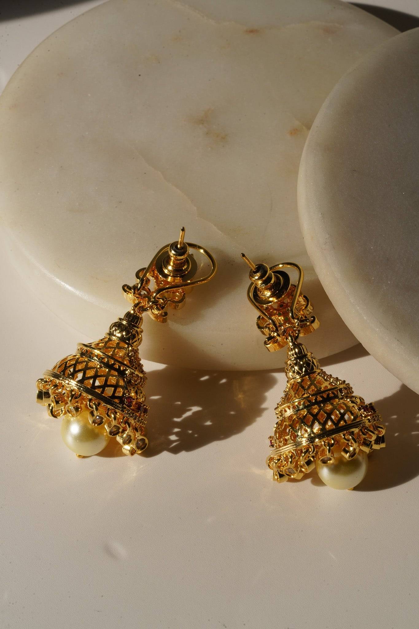 Aadhya - Gold AD Jhumka Earrings Jhumkas from Inaury