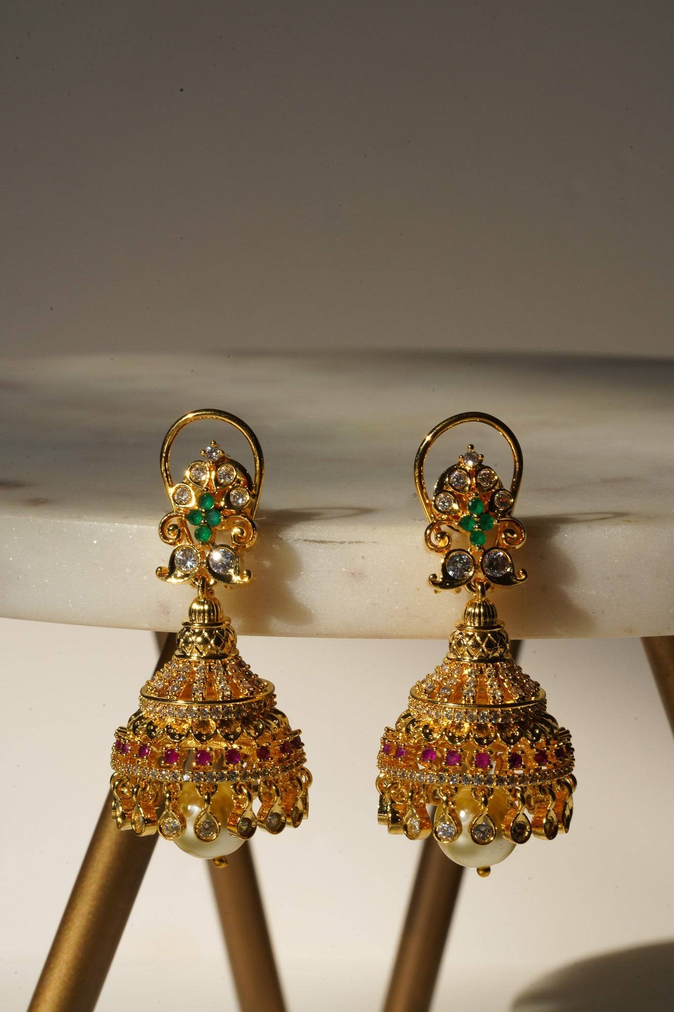 Aadhya - Gold AD Jhumka Earrings Jhumkas from Inaury