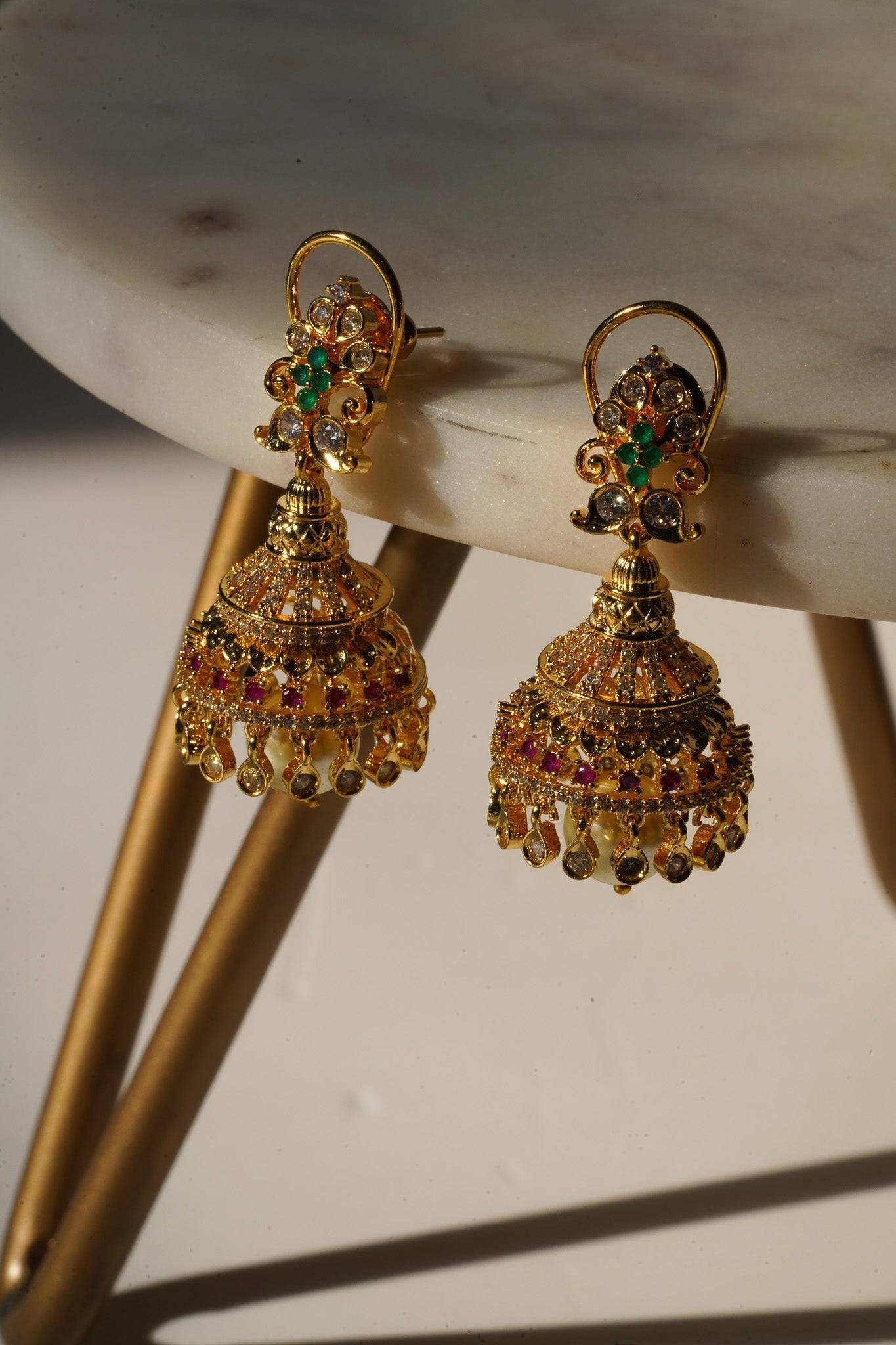 Aadhya - Gold AD Jhumka Earrings Jhumkas from Inaury