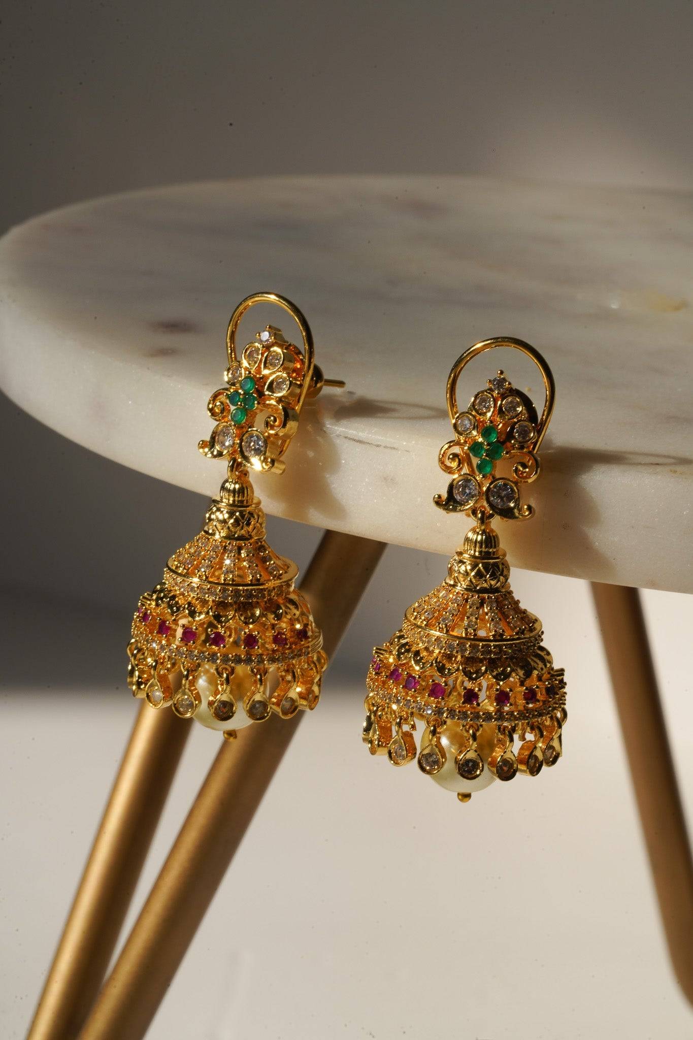 Aadhya - Gold AD Jhumka Earrings Jhumkas from Inaury