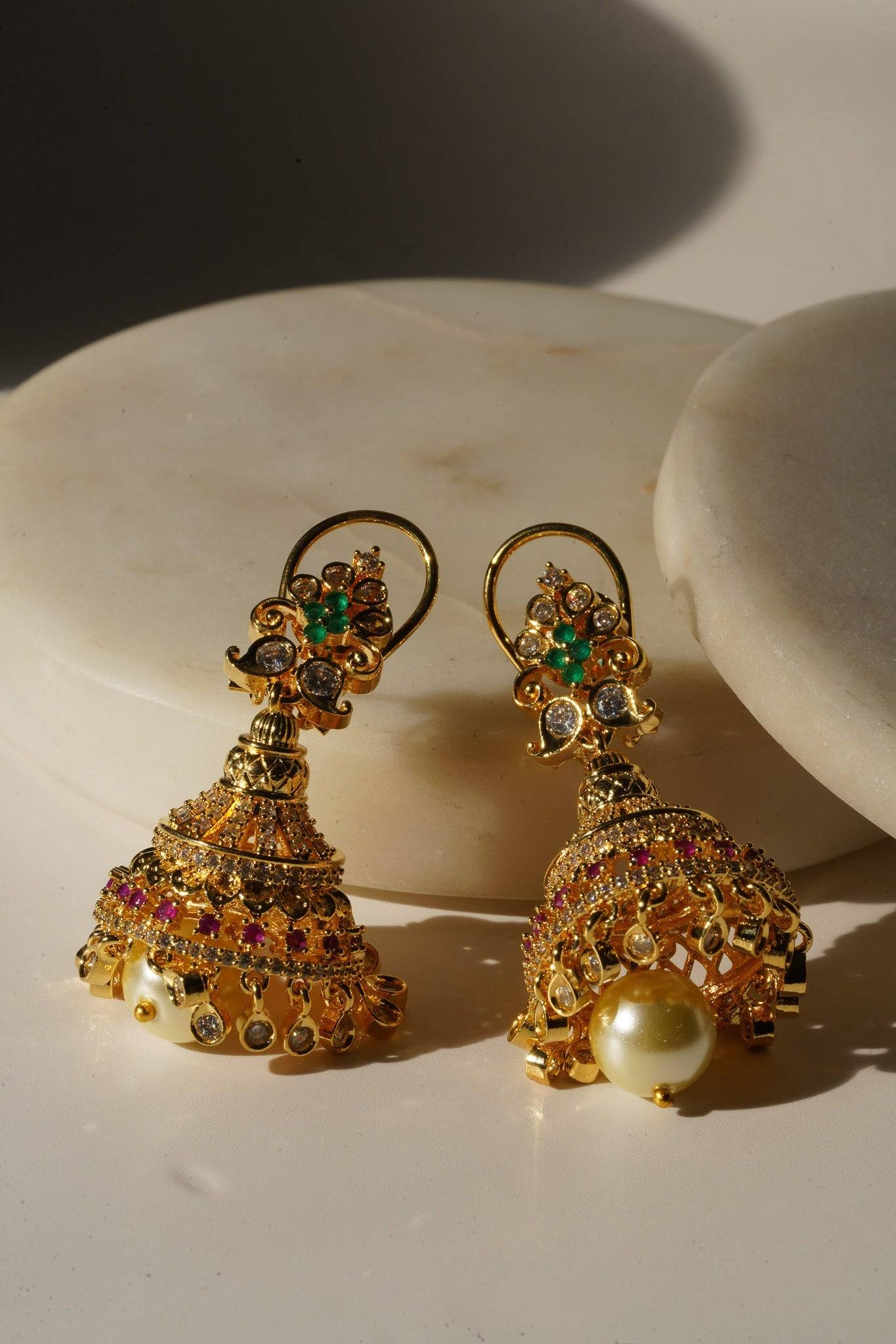 Aadhya - Gold AD Jhumka Earrings Jhumkas from Inaury