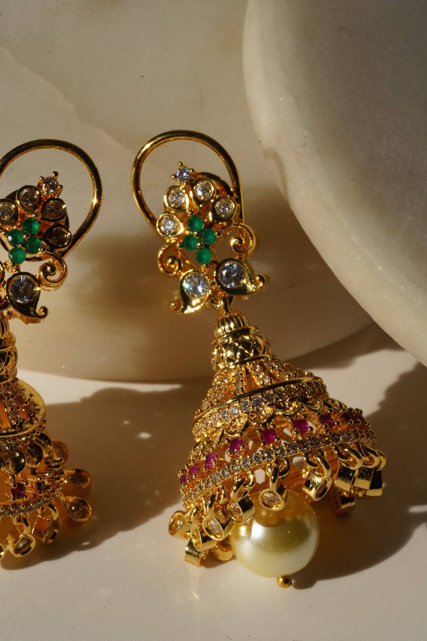 Aadhya - Gold AD Jhumka Earrings Jhumkas from Inaury