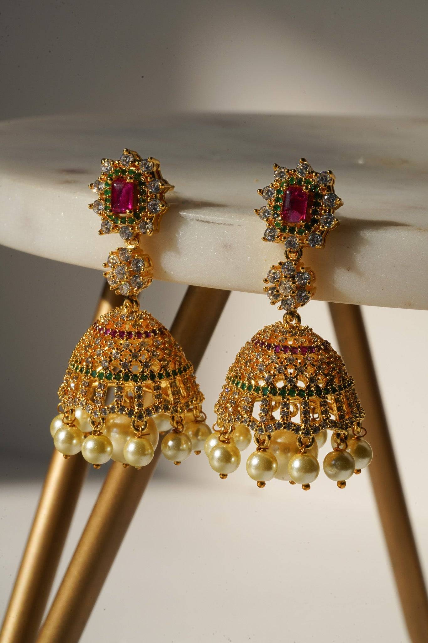 Aadhya - Gold AD Jhumka Earrings Jhumkas from Inaury