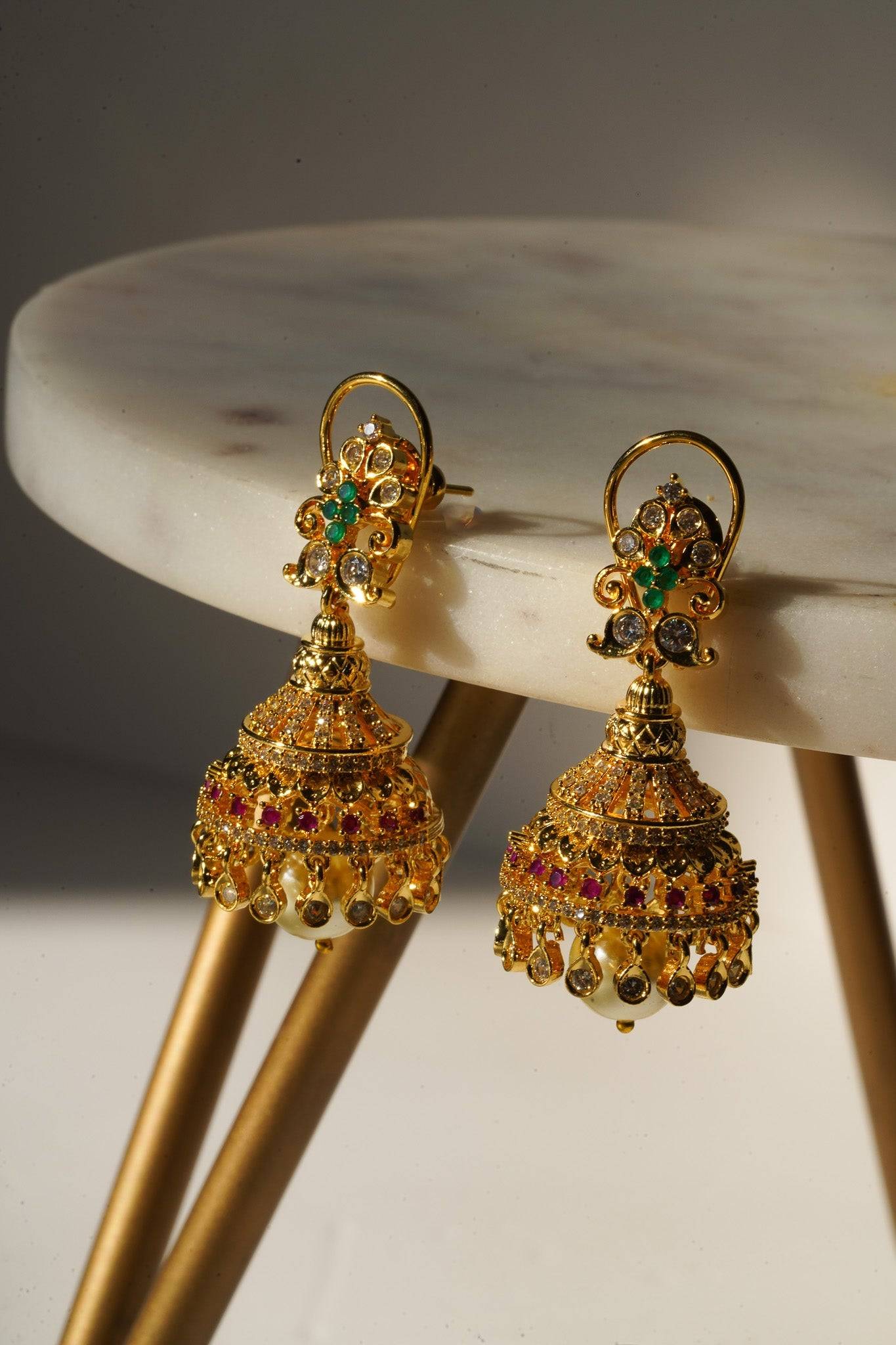 Aadhya - Gold AD Jhumka Earrings Jhumkas from Inaury