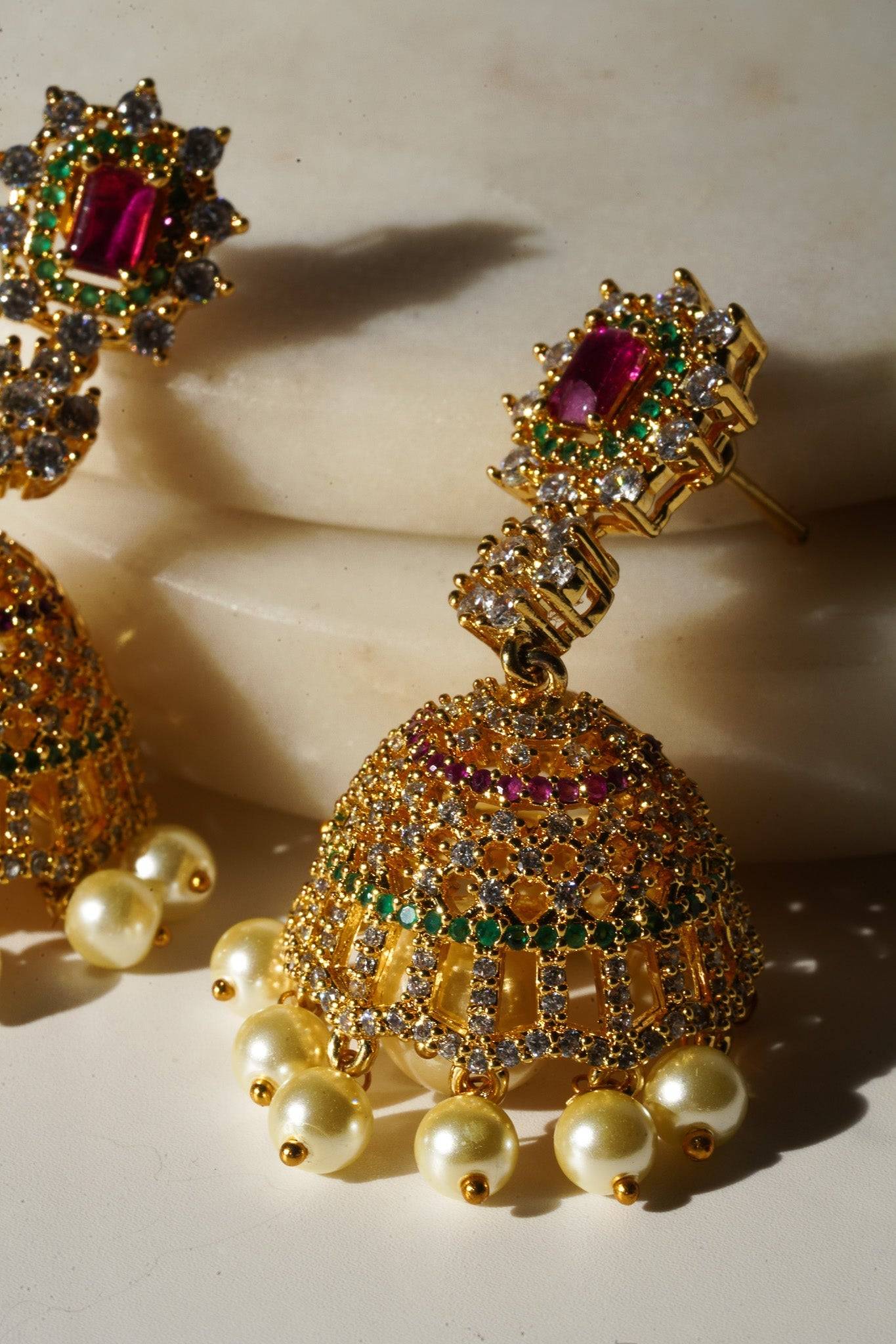 Aadhya - Gold AD Jhumka Earrings Jhumkas from Inaury