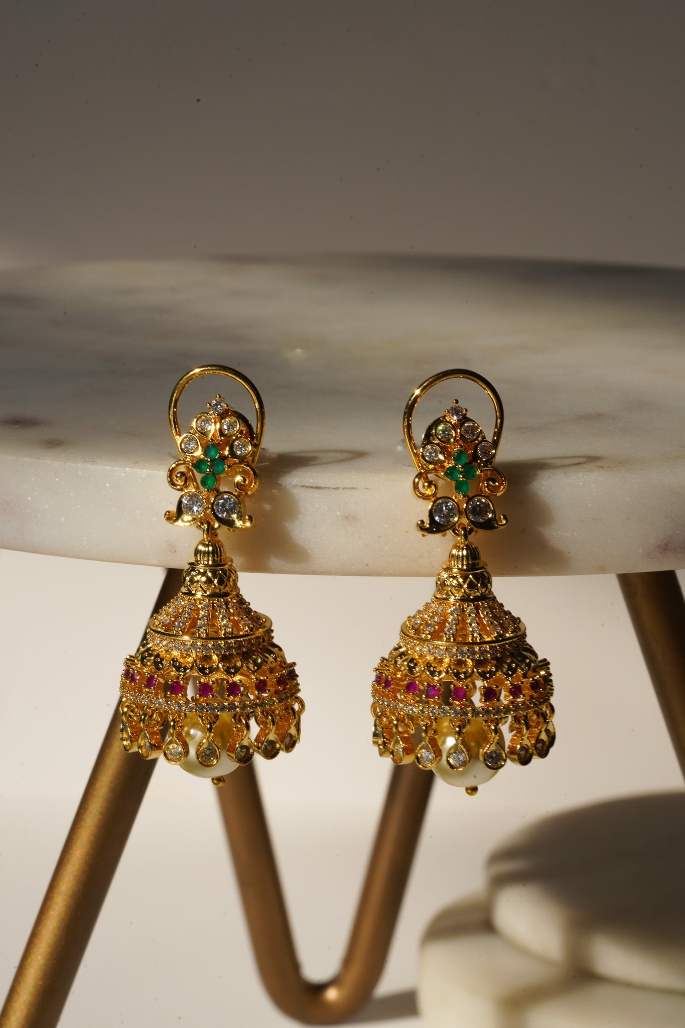 Aadhya - Gold AD Jhumka Earrings Jhumkas from Inaury