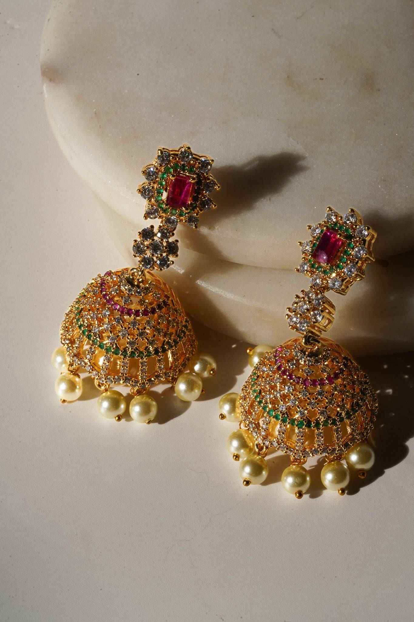 Aadhya - Gold AD Jhumka Earrings Jhumkas from Inaury