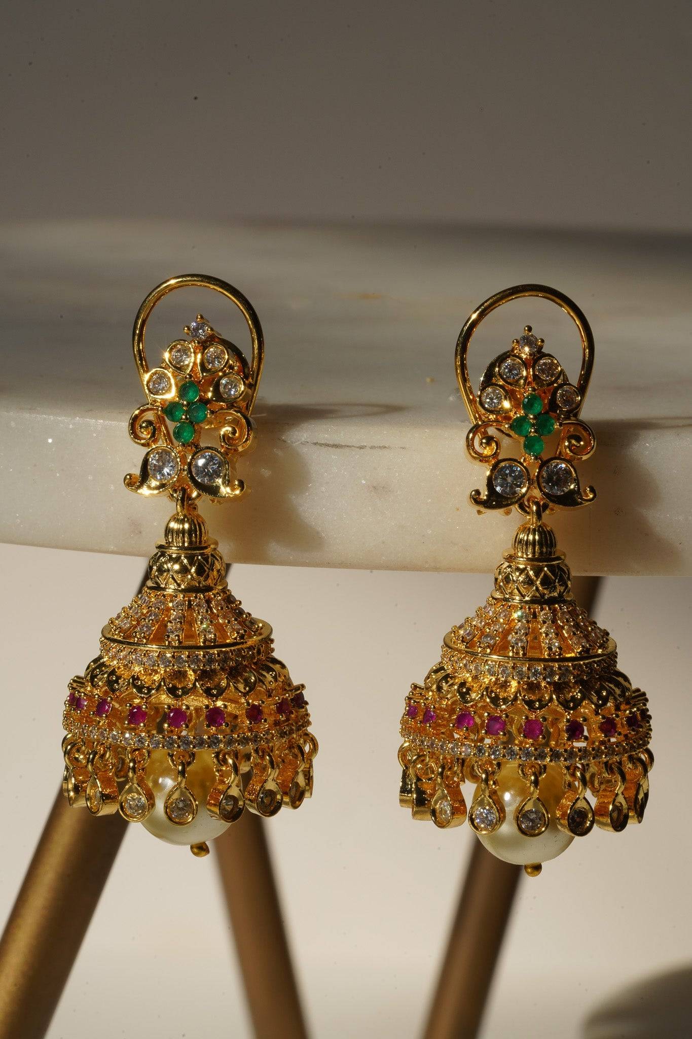 Aadhya - Gold AD Jhumka Earrings Jhumkas from Inaury