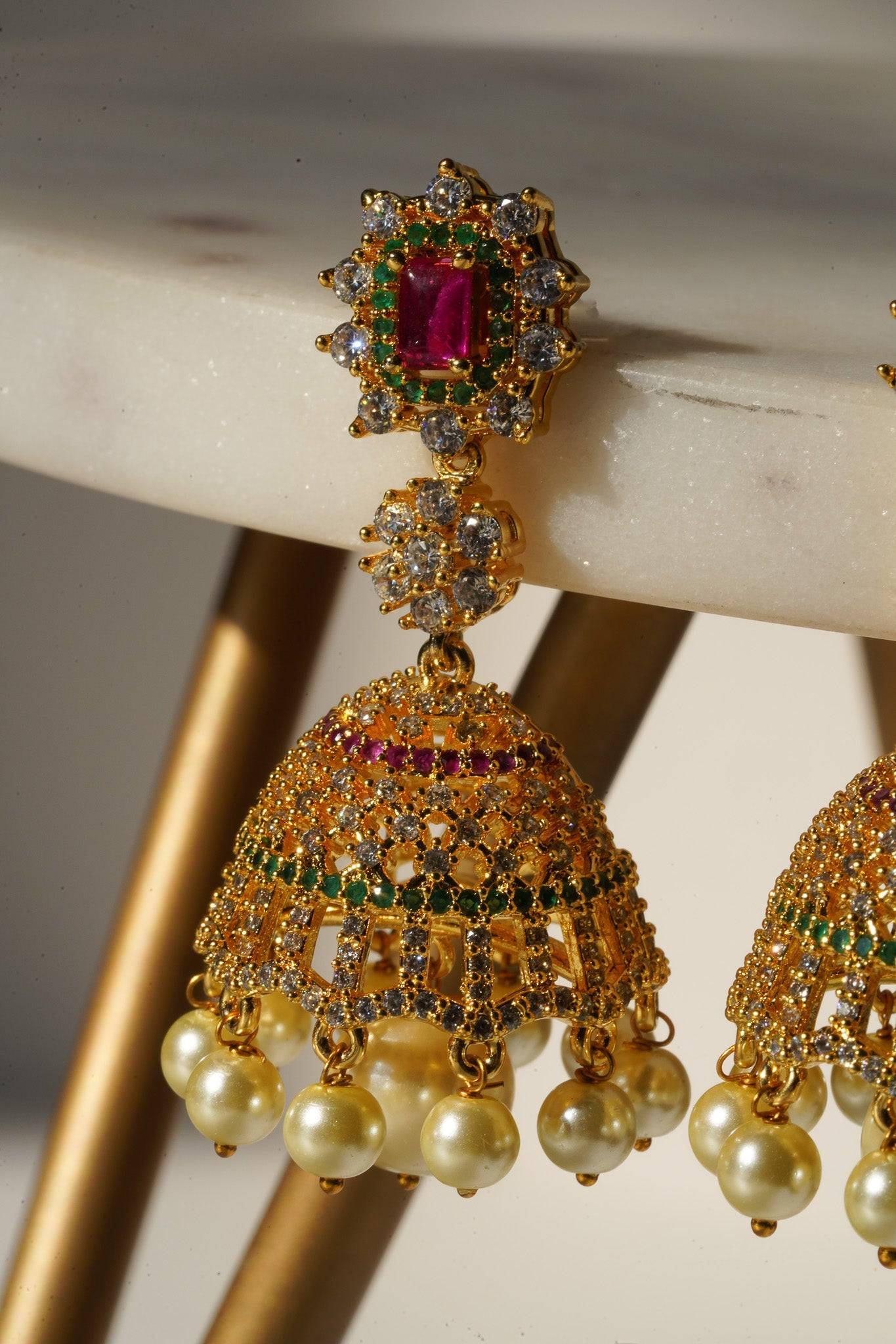 Aadhya - Gold AD Jhumka Earrings Jhumkas from Inaury