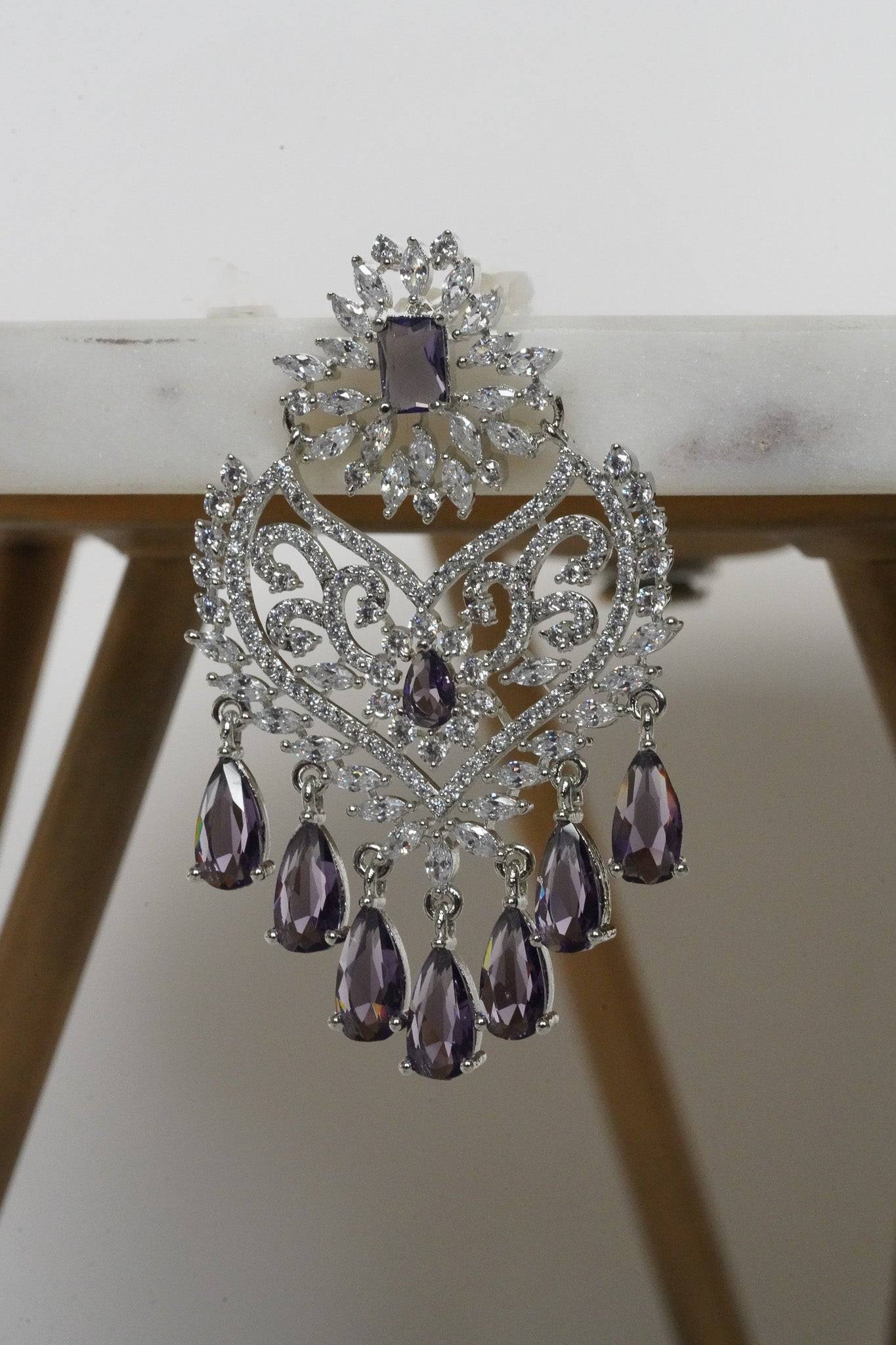 Aleena AD Chandbali Earrings - Rhodium plated with Diamante accent AD-CZ stones, 2.2 inches long, featuring a crescent moon shape, perfect for any occasion.