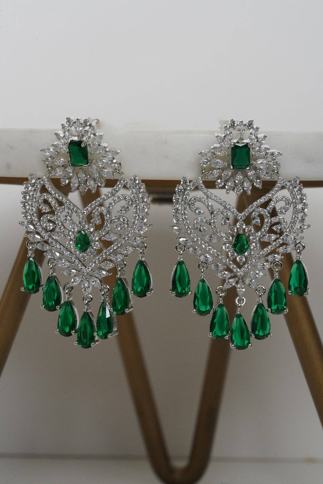 Aleena AD Chandbali Earrings - Rhodium plated with Diamante accent AD-CZ stones, 2.2 inches long, featuring a crescent moon shape, perfect for any occasion.