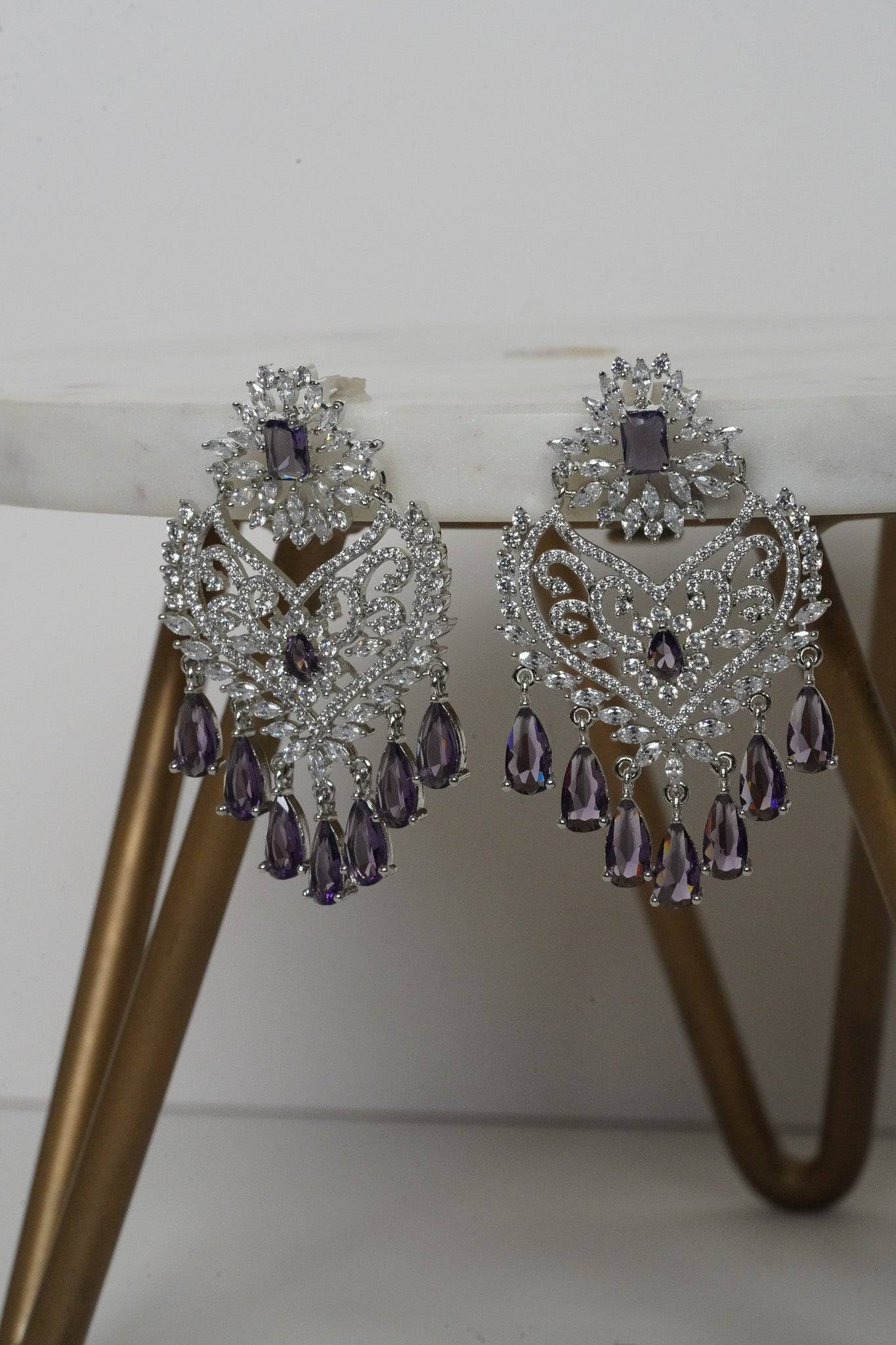 Aleena AD Chandbali Earrings - Rhodium plated with Diamante accent AD-CZ stones, 2.2 inches long, featuring a crescent moon shape, perfect for any occasion.