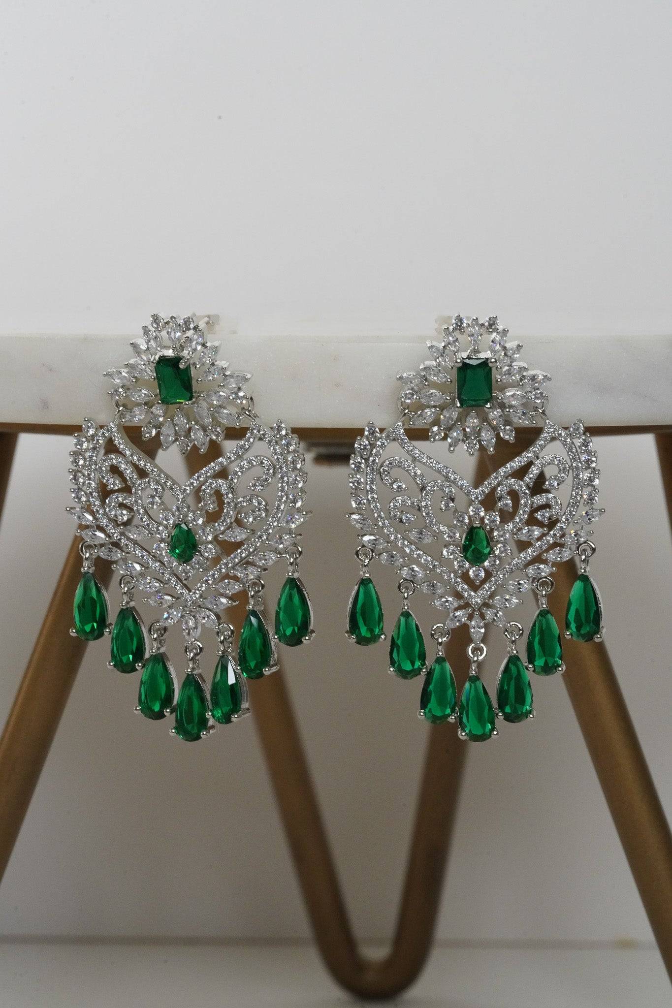 Aleena AD Chandbali Earrings - Rhodium plated with Diamante accent AD-CZ stones, 2.2 inches long, featuring a crescent moon shape, perfect for any occasion.