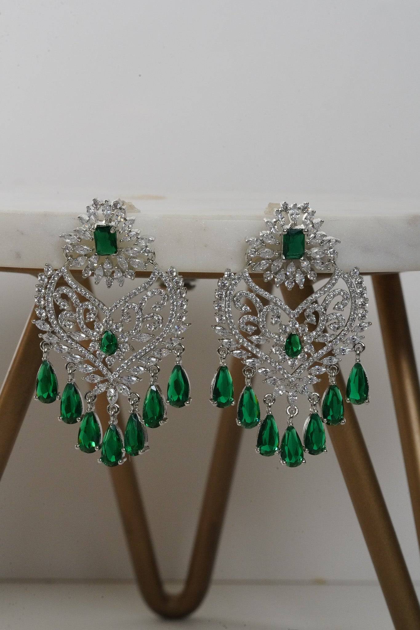Aleena AD Chandbali Earrings - Rhodium plated with Diamante accent AD-CZ stones, 2.2 inches long, featuring a crescent moon shape, perfect for any occasion.