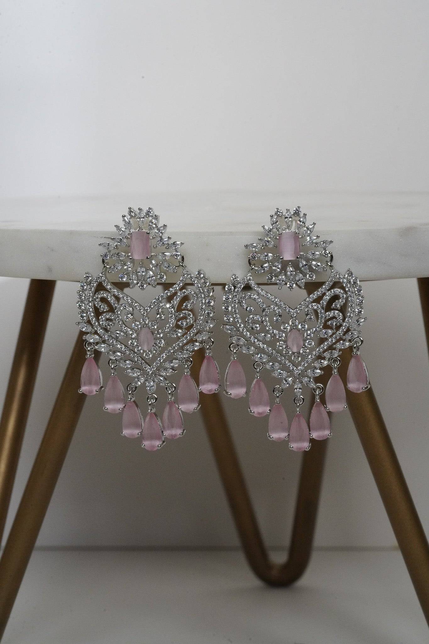 Aleena AD Chandbali Earrings - Rhodium plated with Diamante accent AD-CZ stones, 2.2 inches long, featuring a crescent moon shape, perfect for any occasion.