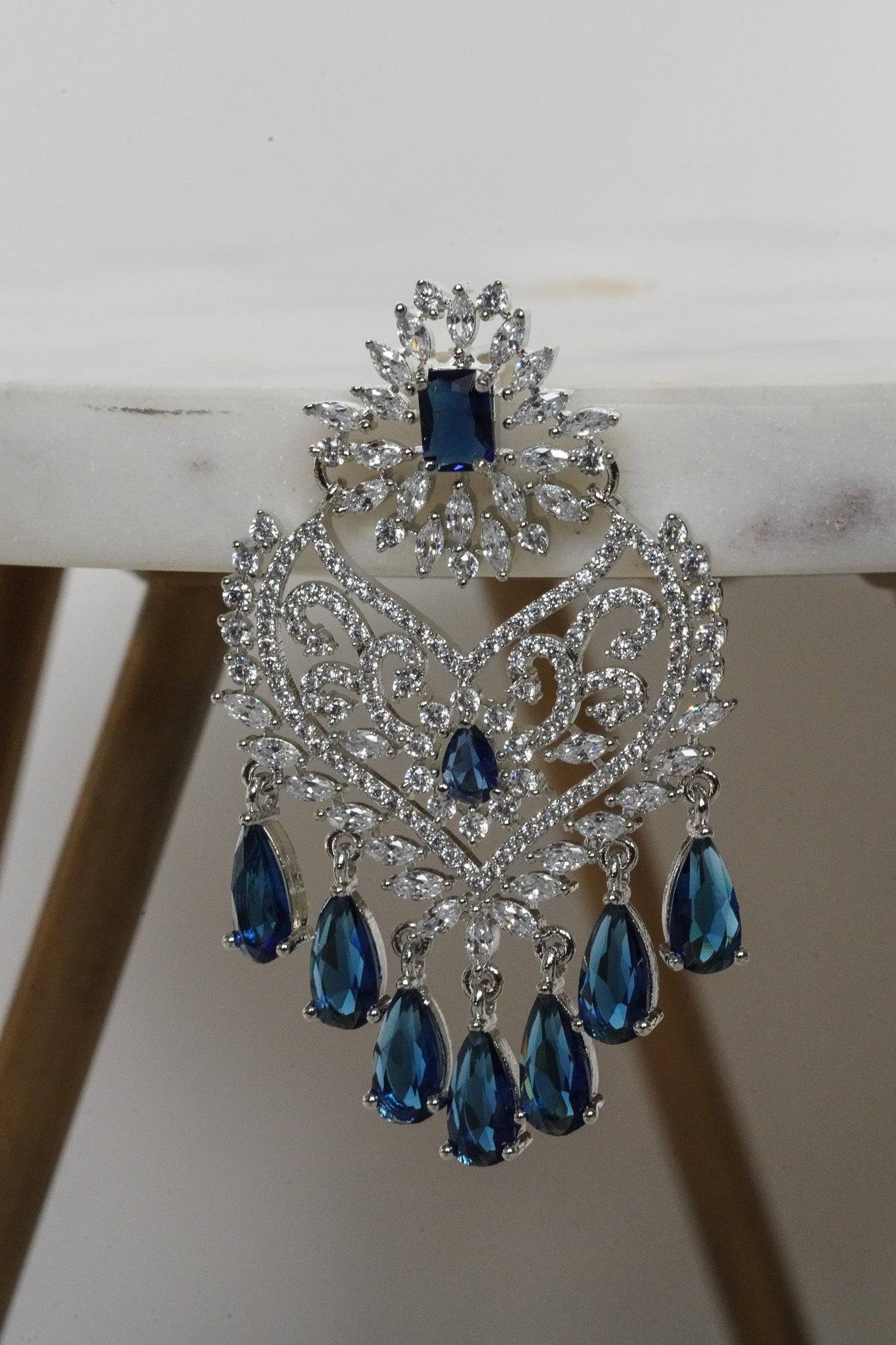Aleena AD Chandbali Earrings - Rhodium plated with Diamante accent AD-CZ stones, 2.2 inches long, featuring a crescent moon shape, perfect for any occasion.