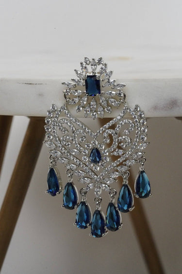 Aleena AD Chandbali Earrings - Rhodium plated with Diamante accent AD-CZ stones, 2.2 inches long, featuring a crescent moon shape, perfect for any occasion.