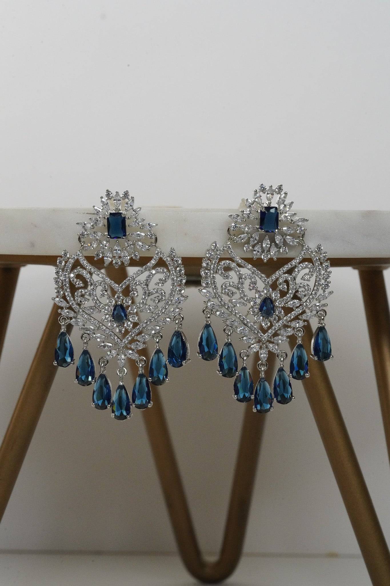 Aleena AD Chandbali Earrings - Rhodium plated with Diamante accent AD-CZ stones, 2.2 inches long, featuring a crescent moon shape, perfect for any occasion.