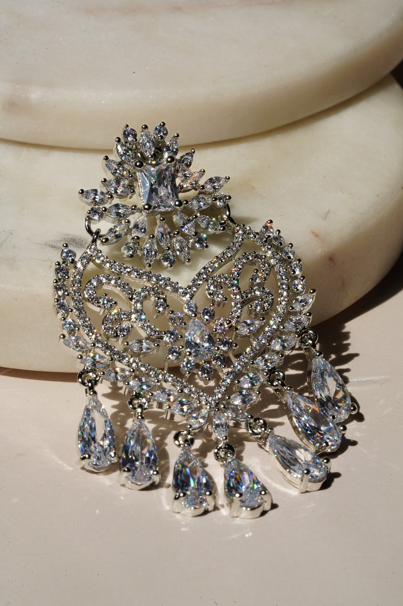 Aleena AD Chandbali Earrings - Rhodium plated with Diamante accent AD-CZ stones, 2.2 inches long, featuring a crescent moon shape, perfect for any occasion.