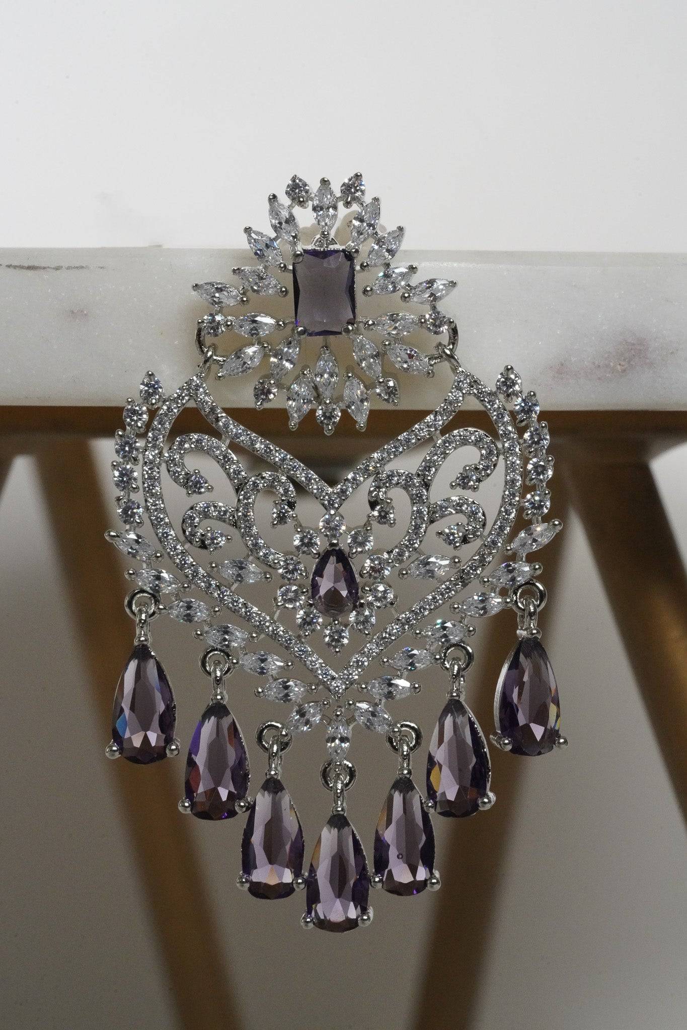 Aleena AD Chandbali Earrings - Rhodium plated with Diamante accent AD-CZ stones, 2.2 inches long, featuring a crescent moon shape, perfect for any occasion.