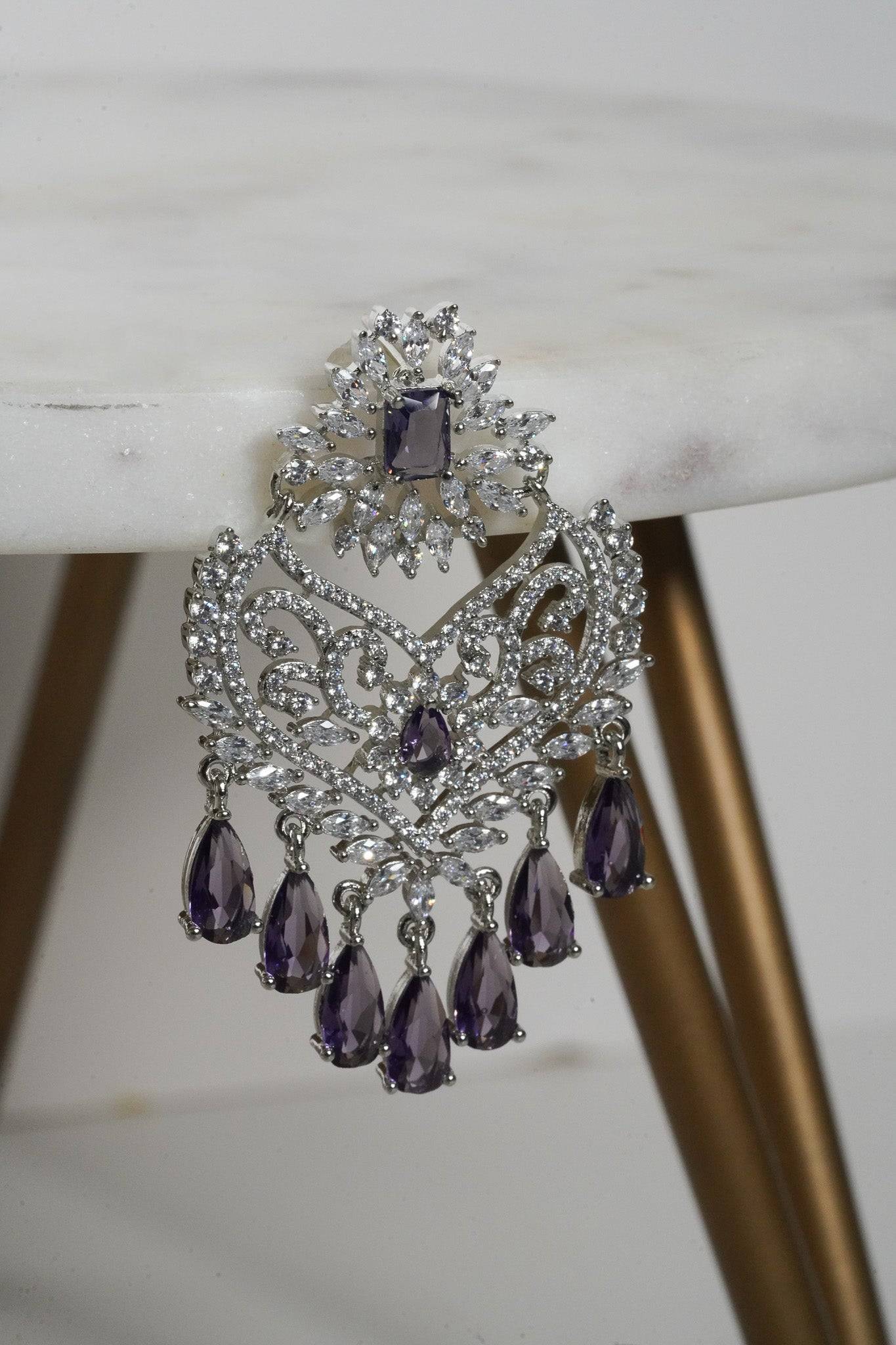 Aleena AD Chandbali Earrings - Rhodium plated with Diamante accent AD-CZ stones, 2.2 inches long, featuring a crescent moon shape, perfect for any occasion.
