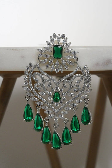 Aleena AD Chandbali Earrings - Rhodium plated with Diamante accent AD-CZ stones, 2.2 inches long, featuring a crescent moon shape, perfect for any occasion.