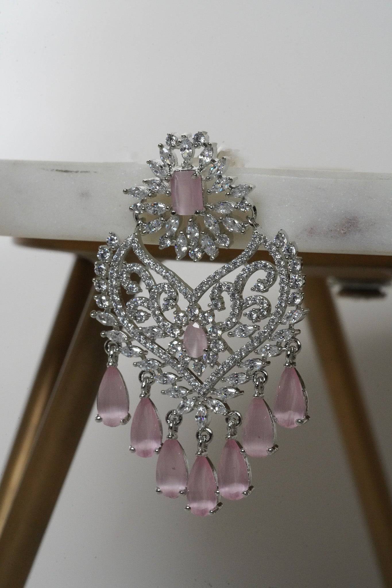 Aleena AD Chandbali Earrings - Rhodium plated with Diamante accent AD-CZ stones, 2.2 inches long, featuring a crescent moon shape, perfect for any occasion.