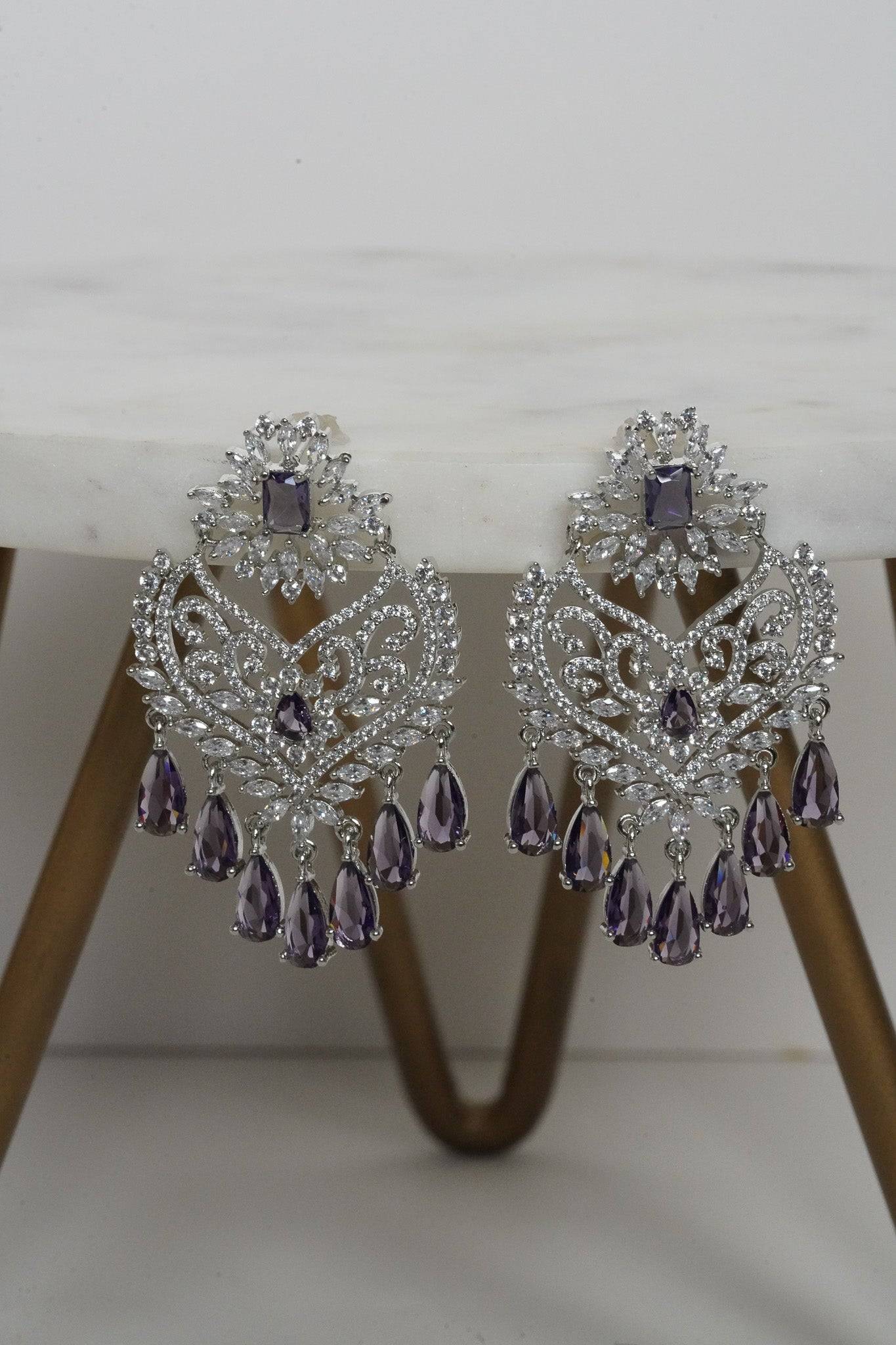 Aleena AD Chandbali Earrings - Rhodium plated with Diamante accent AD-CZ stones, 2.2 inches long, featuring a crescent moon shape, perfect for any occasion.