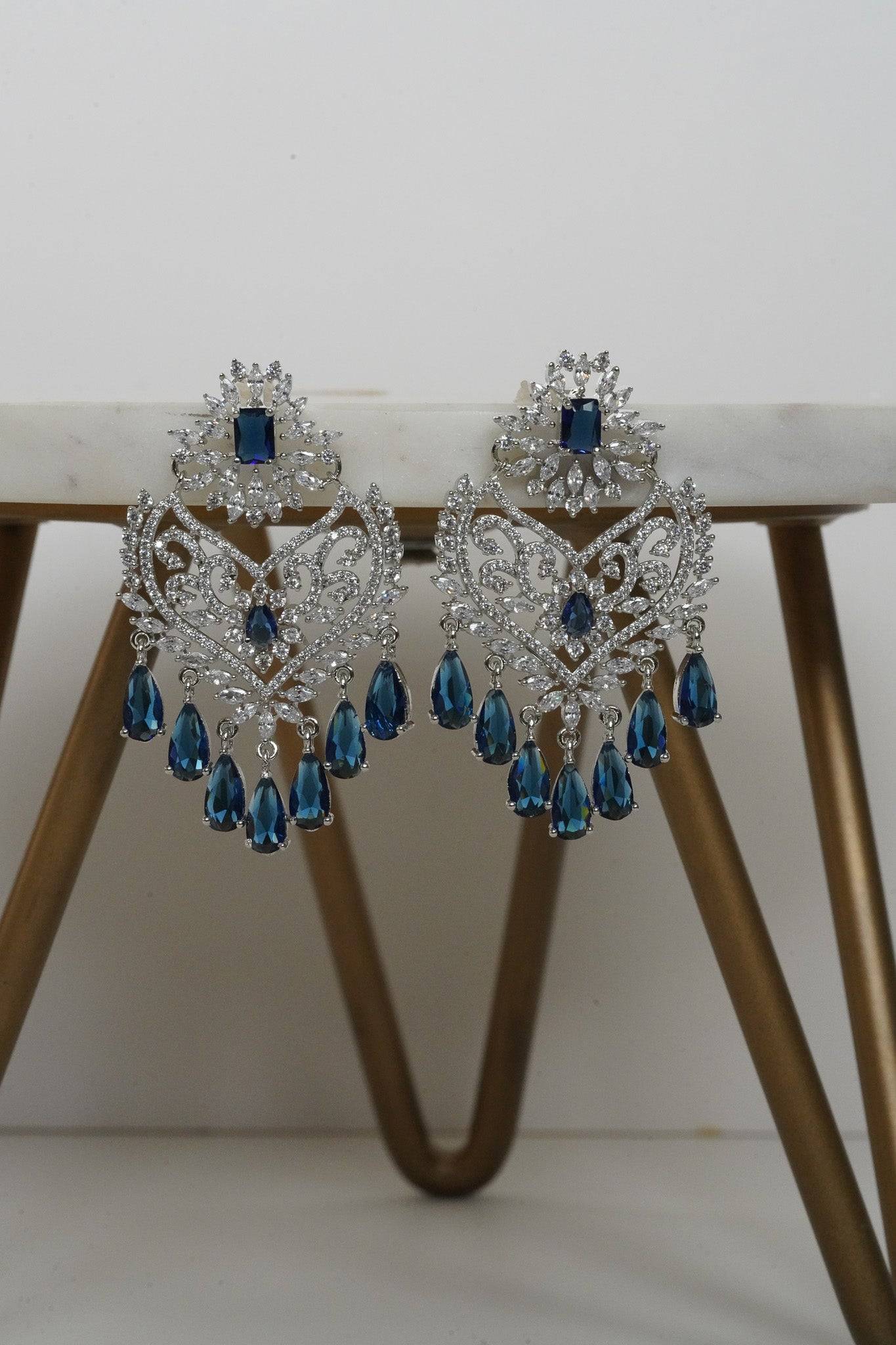 Aleena AD Chandbali Earrings - Rhodium plated with Diamante accent AD-CZ stones, 2.2 inches long, featuring a crescent moon shape, perfect for any occasion.