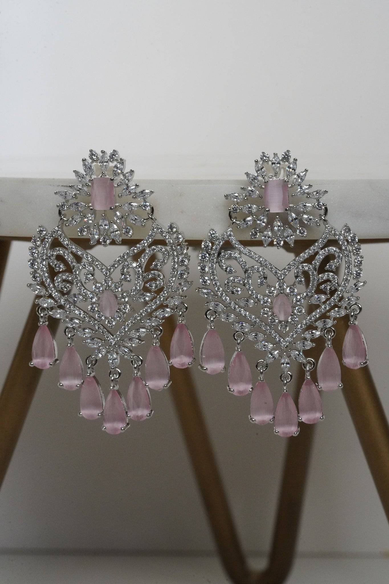 Aleena AD Chandbali Earrings - Rhodium plated with Diamante accent AD-CZ stones, 2.2 inches long, featuring a crescent moon shape, perfect for any occasion.