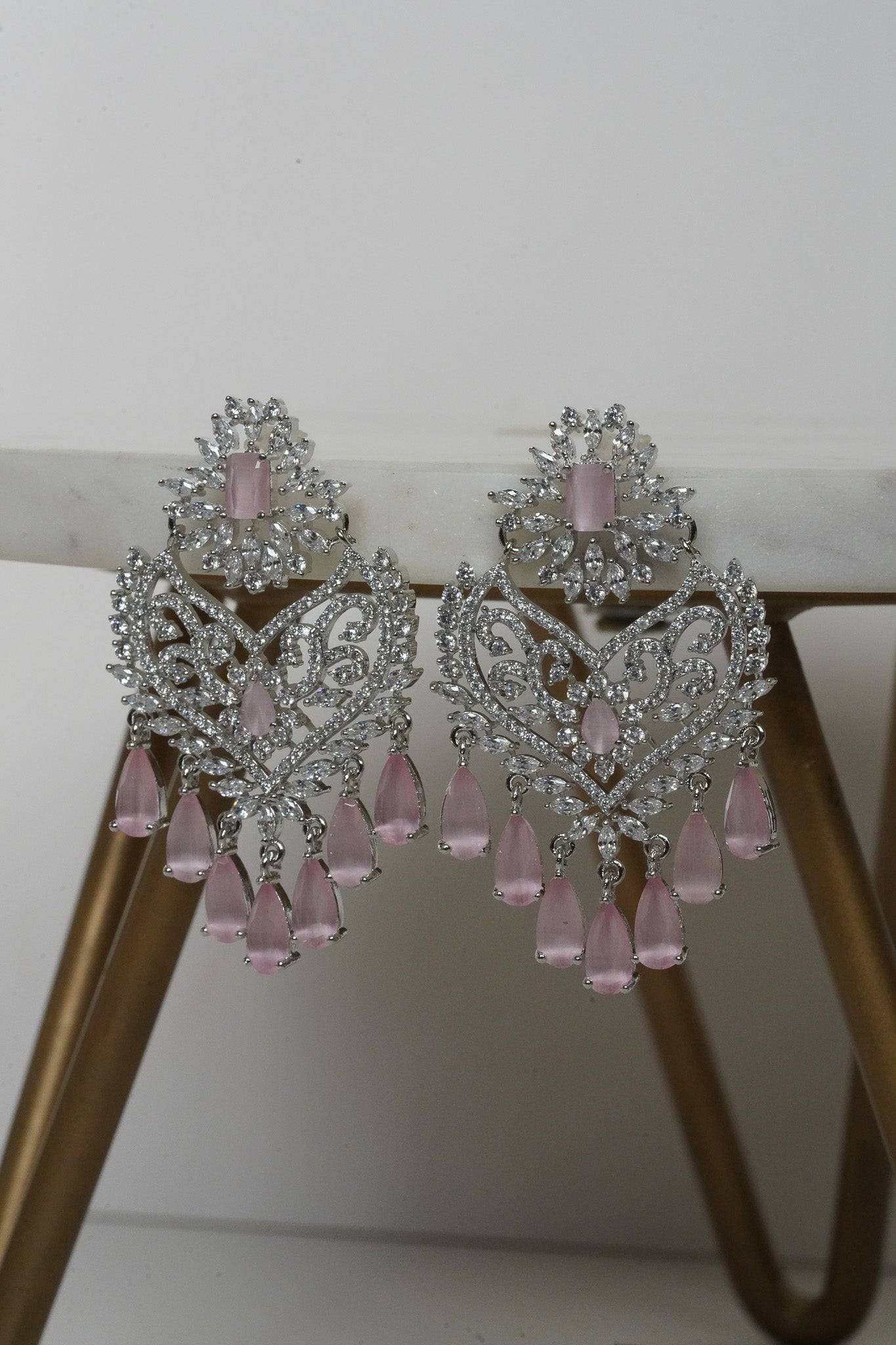 Aleena AD Chandbali Earrings - Rhodium plated with Diamante accent AD-CZ stones, 2.2 inches long, featuring a crescent moon shape, perfect for any occasion.