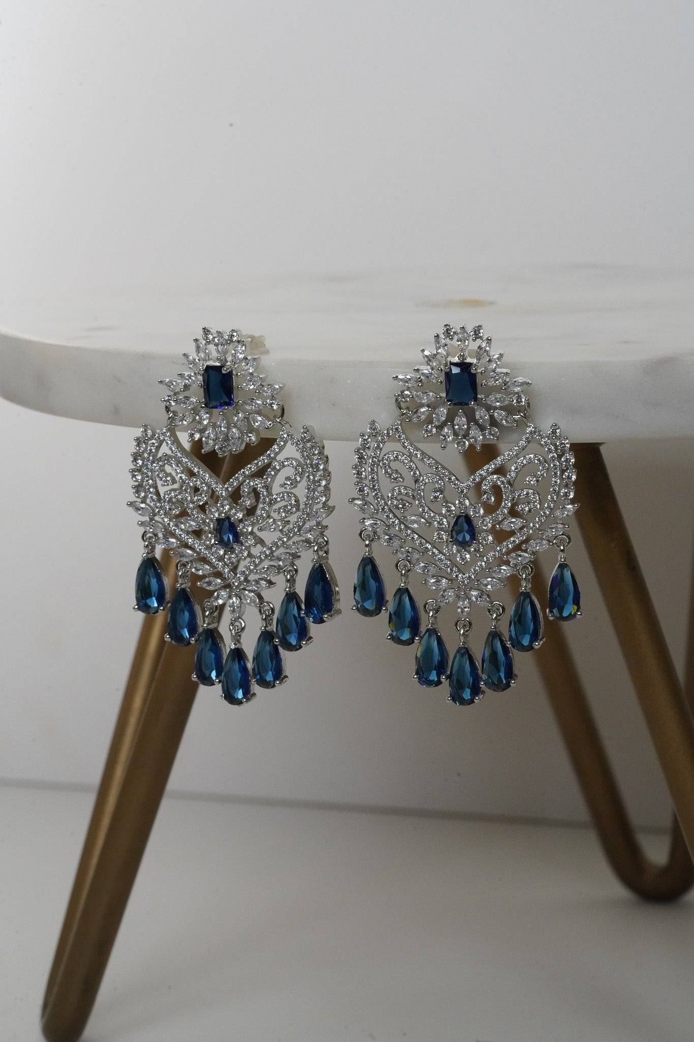 Aleena AD Chandbali Earrings - Rhodium plated with Diamante accent AD-CZ stones, 2.2 inches long, featuring a crescent moon shape, perfect for any occasion.