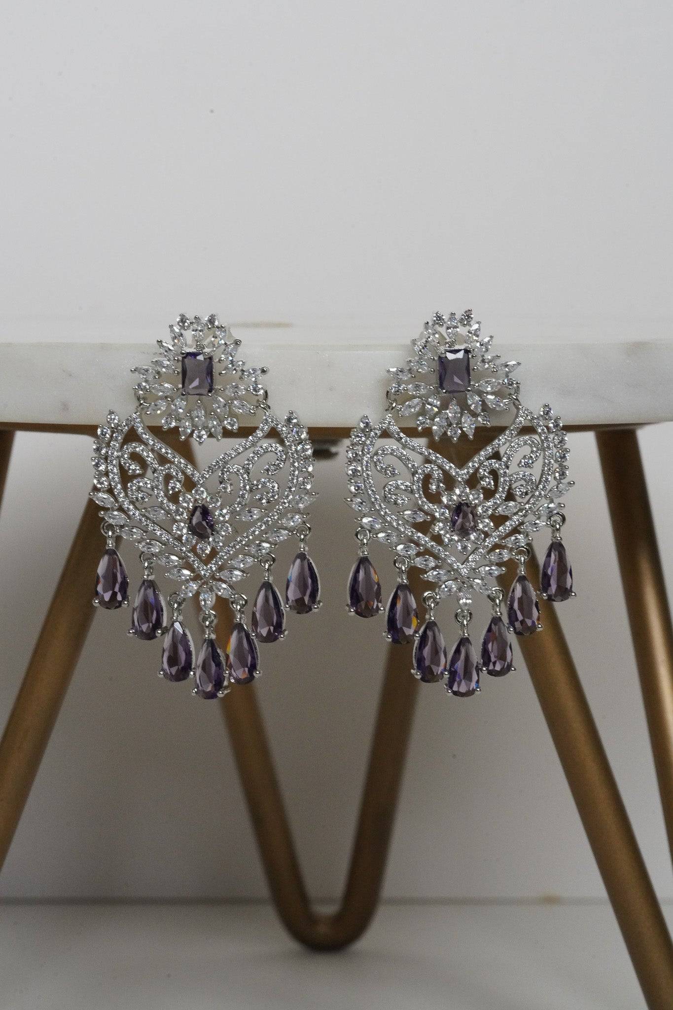 Aleena AD Chandbali Earrings - Rhodium plated with Diamante accent AD-CZ stones, 2.2 inches long, featuring a crescent moon shape, perfect for any occasion.