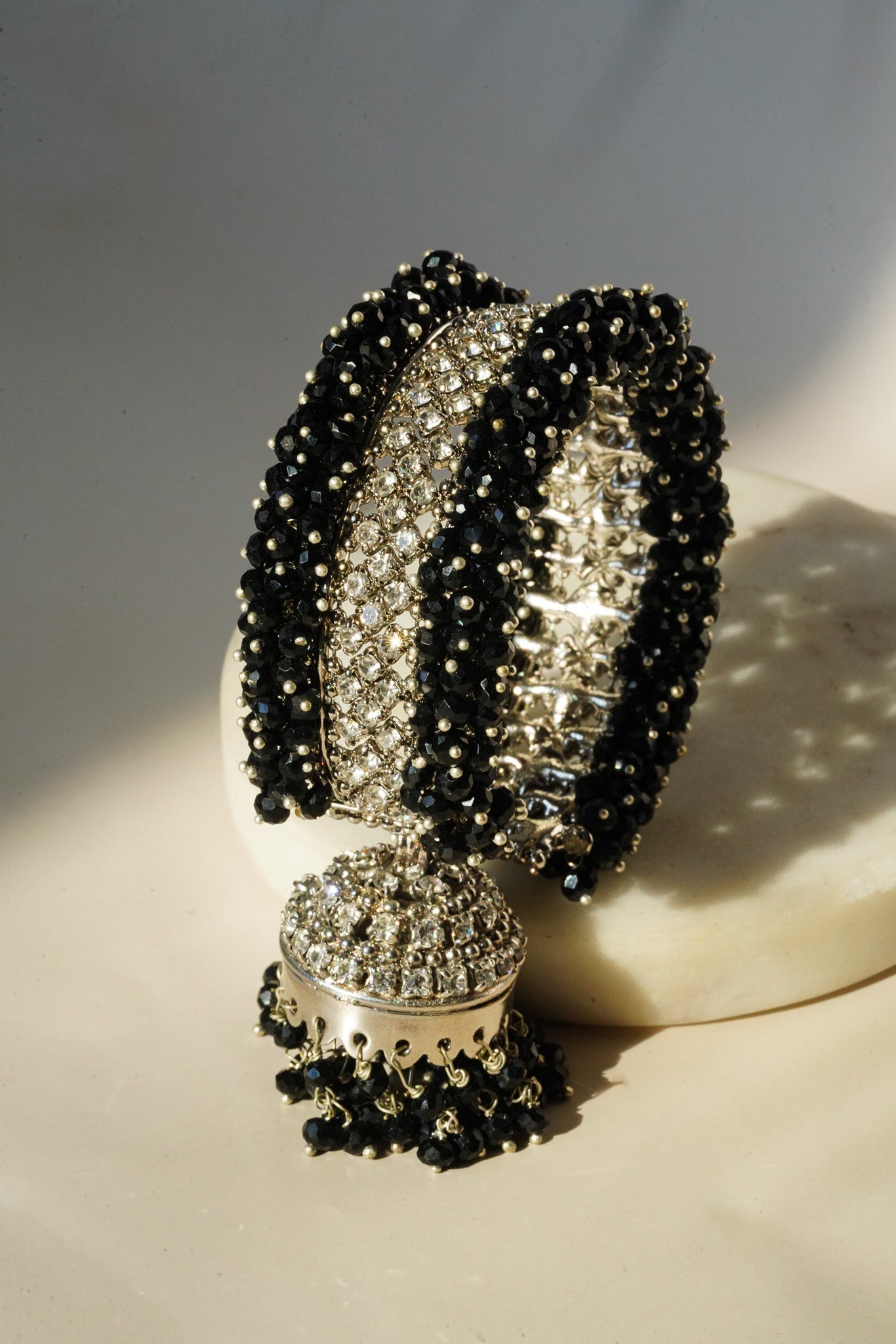 Aliya Handcrafted Bangle Bracelet - Available in silver and faux pearls, gold and faux pearls, silver and black, gold and black, gold and maroon, and silver and pink, with hanging jhumka.