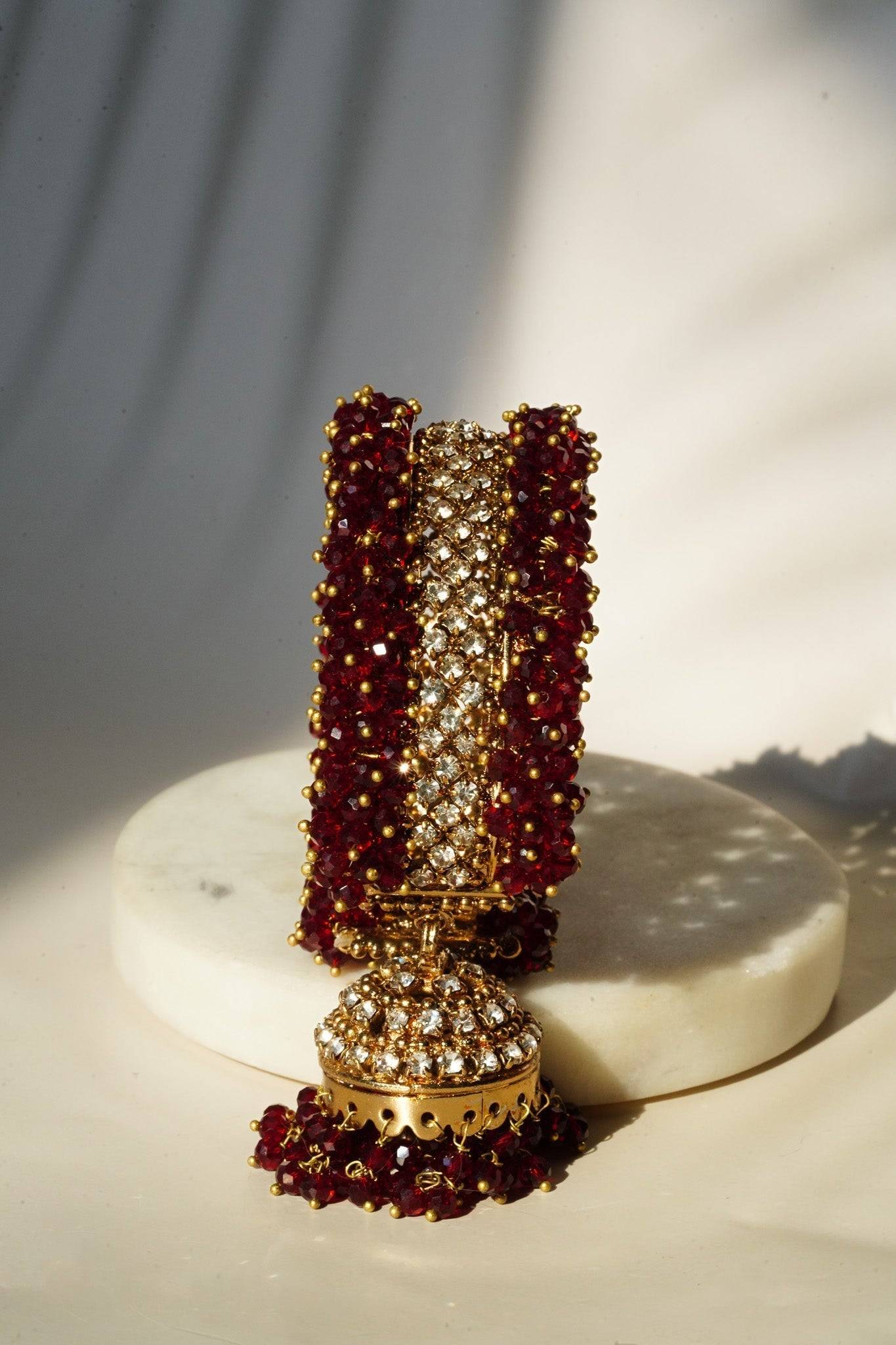 Aliya Handcrafted Bangle Bracelet - Available in silver and faux pearls, gold and faux pearls, silver and black, gold and black, gold and maroon, and silver and pink, with hanging jhumka.