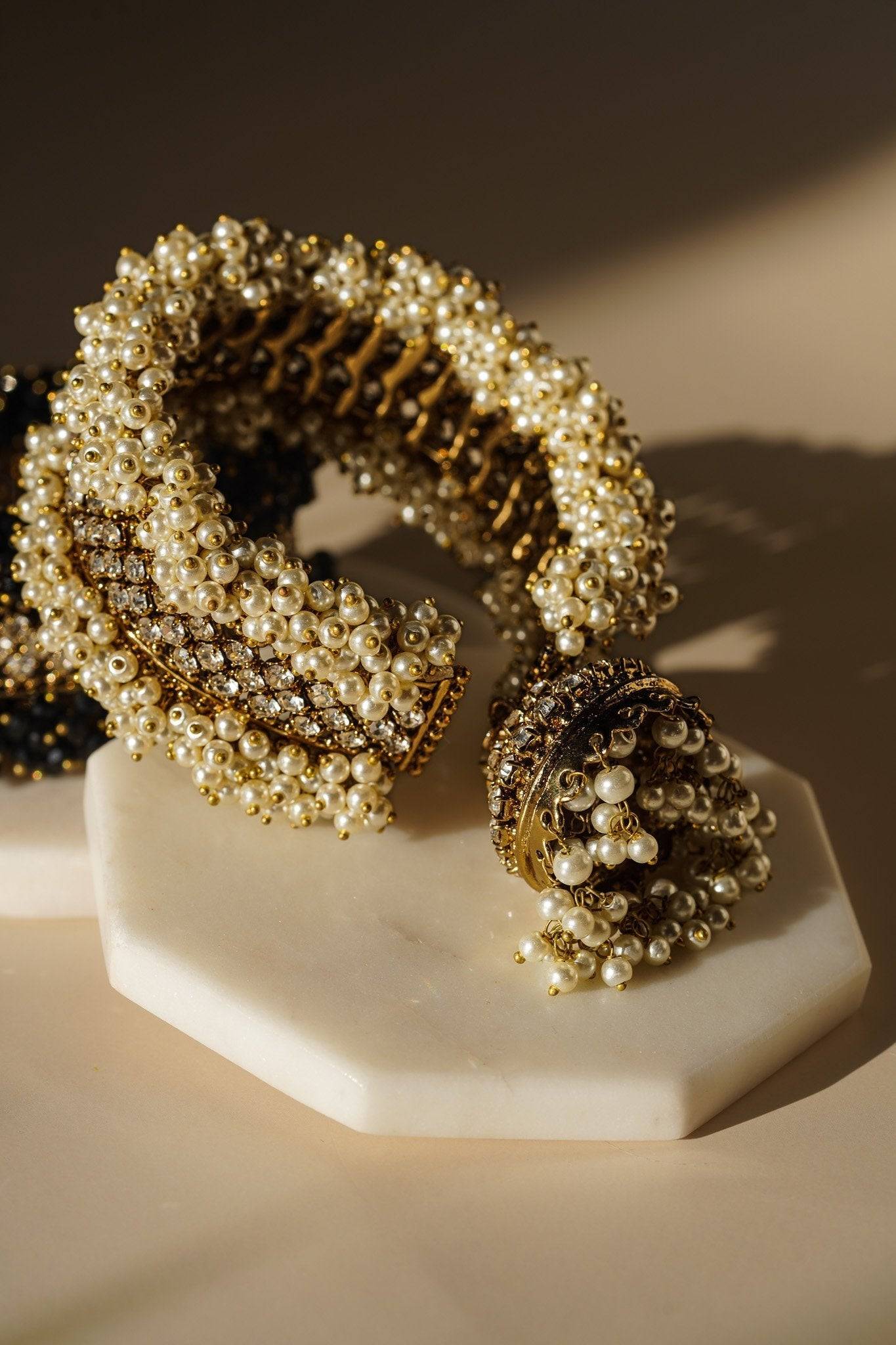 Aliya Handcrafted Bangle Bracelet - Available in silver and faux pearls, gold and faux pearls, silver and black, gold and black, gold and maroon, and silver and pink, with hanging jhumka.
