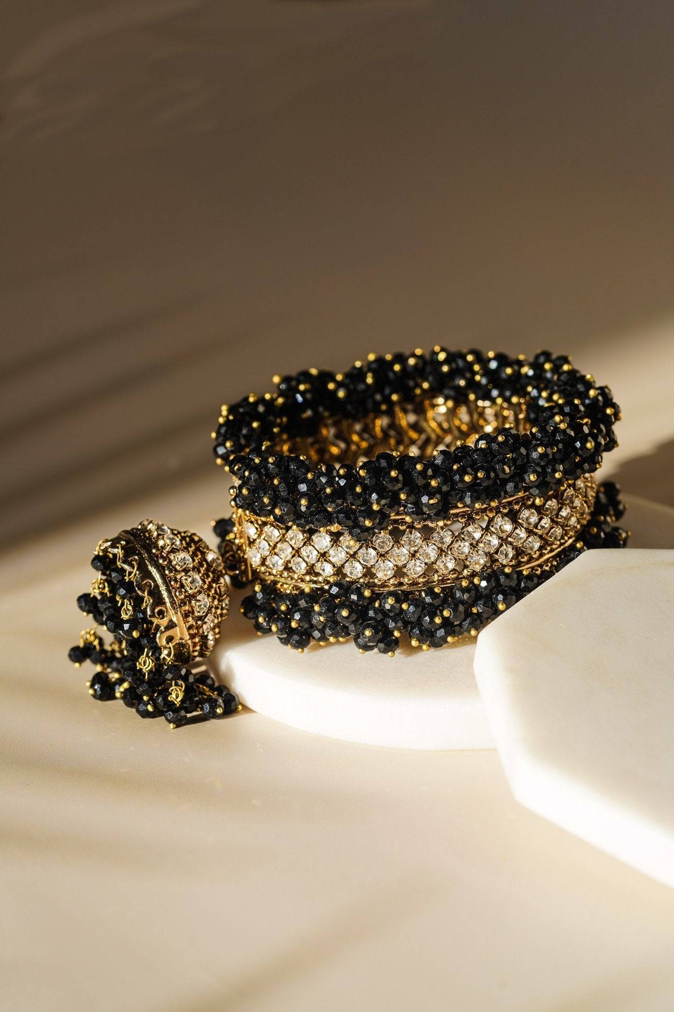 Aliya Handcrafted Bangle Bracelet - Available in silver and faux pearls, gold and faux pearls, silver and black, gold and black, gold and maroon, and silver and pink, with hanging jhumka.