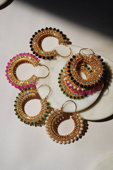 Aliza Handcrafted Chandbali Hoop Earrings - Lightweight, 2.7-inch drop, adorned with zircon stones and intricate beaded rims, available in various captivating colors.