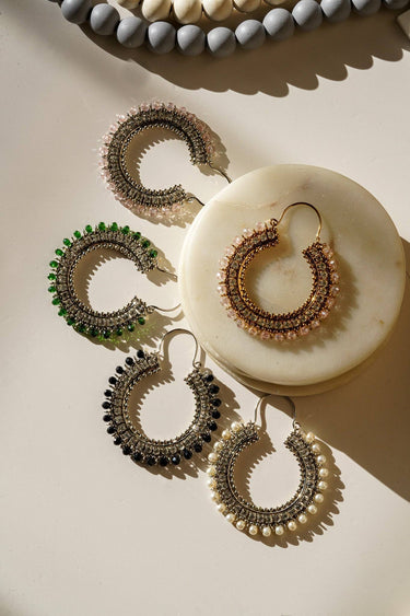 Aliza Handcrafted Chandbali Hoop Earrings - Lightweight, 2.7-inch drop, adorned with zircon stones and intricate beaded rims, available in various captivating colors.