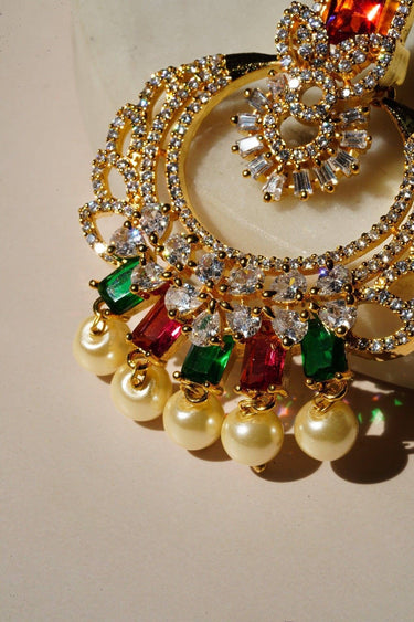 Anaya AD Gold Chandbali Earrings - Gold-plated with white cubic zirconia or multicolor stones, featuring dangling pearls for a touch of elegance, perfect for special occasions.