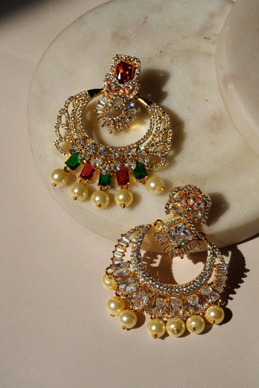 Anaya AD Gold Chandbali Earrings - Gold-plated with white cubic zirconia or multicolor stones, featuring dangling pearls for a touch of elegance, perfect for special occasions.