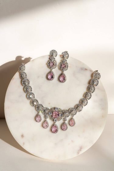 Aneesha Diamante Accent AD Necklace Set - Rhodium-finished with emerald green, maroon, or dusty pink accents, featuring a statement necklace and matching earrings.