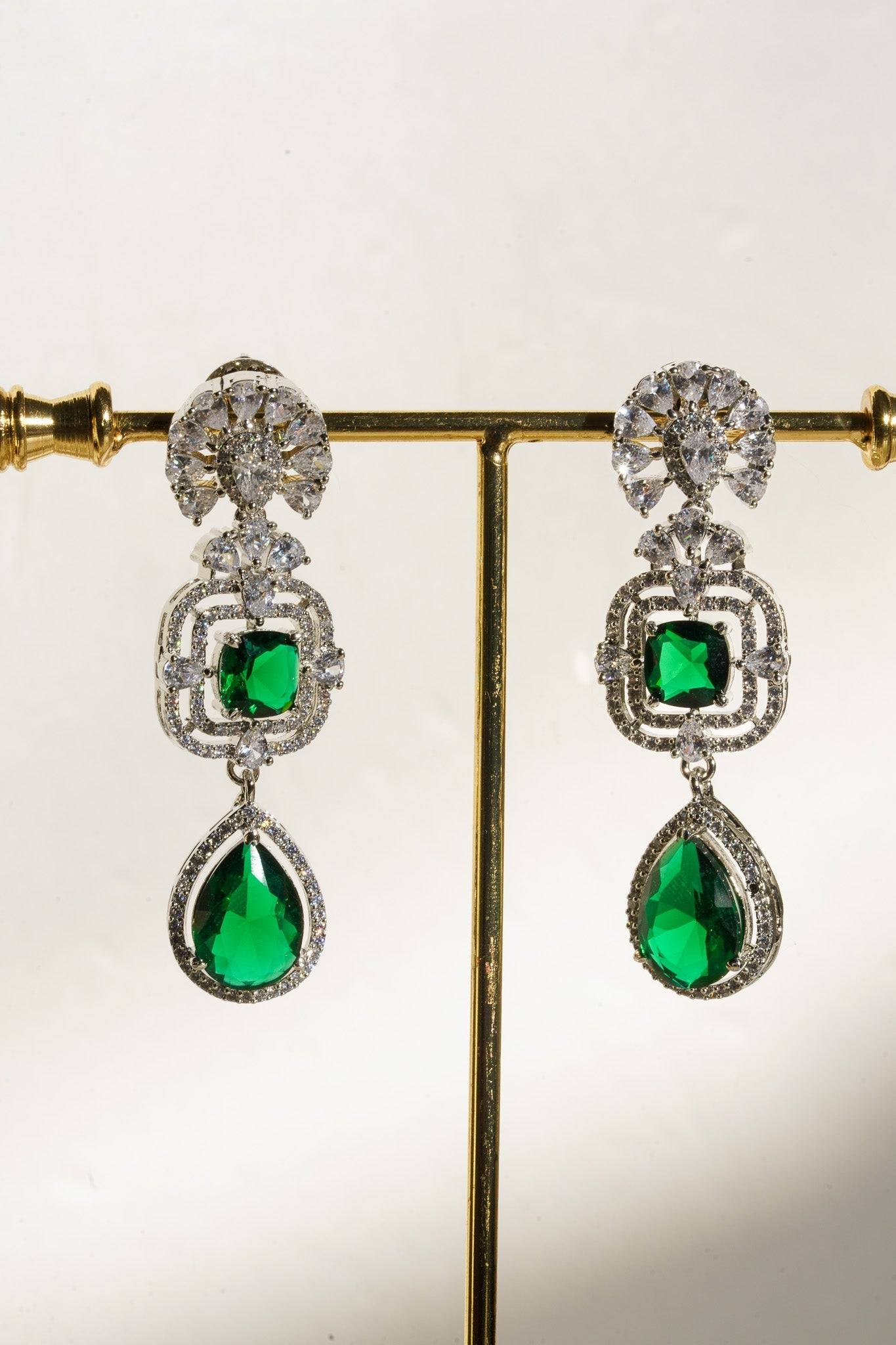 Aneesha Diamante Accent AD Necklace Set - Rhodium-finished with emerald green, maroon, or dusty pink accents, featuring a statement necklace and matching earrings.