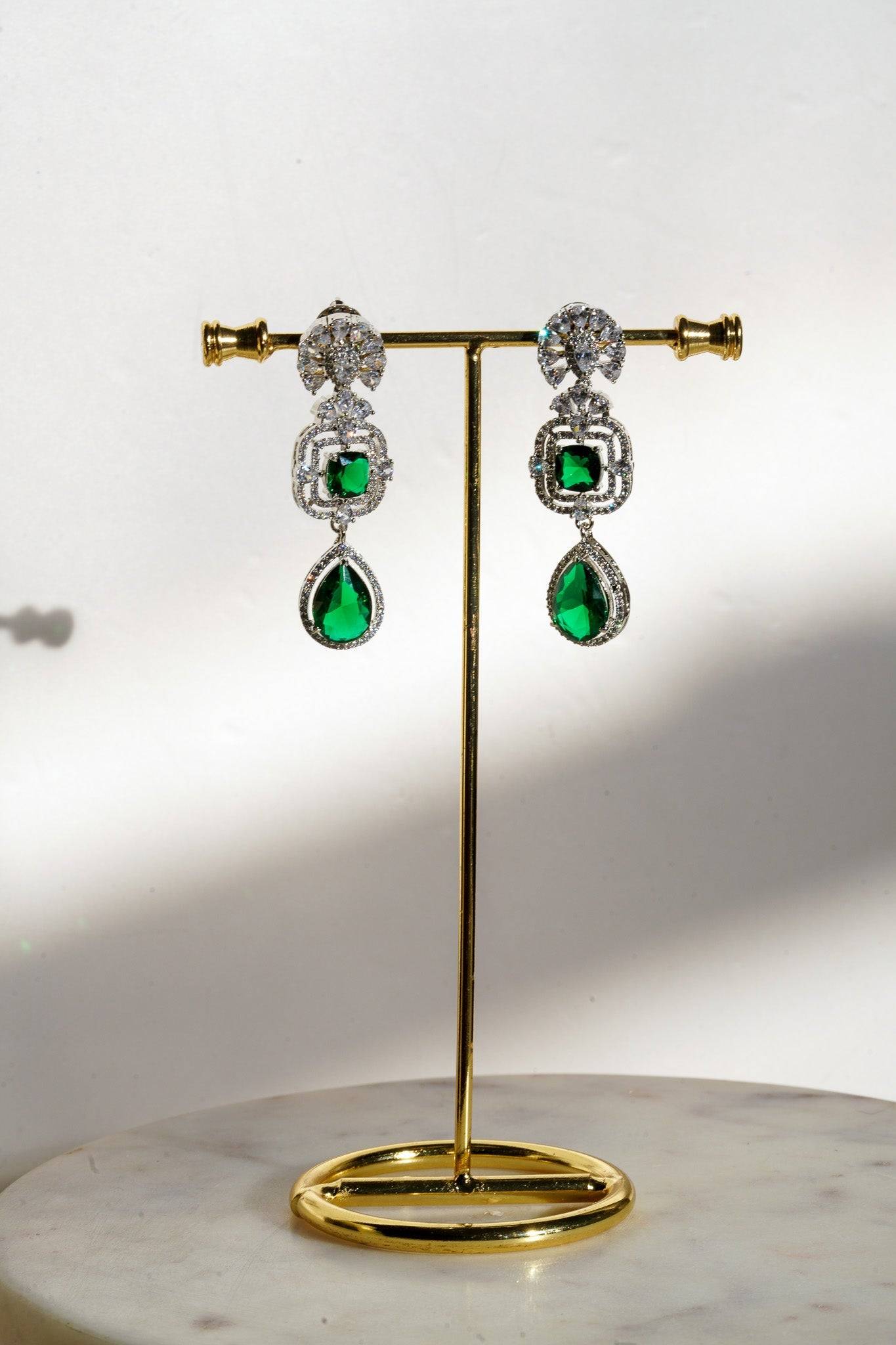 Aneesha Diamante Accent AD Necklace Set - Rhodium-finished with emerald green, maroon, or dusty pink accents, featuring a statement necklace and matching earrings.
